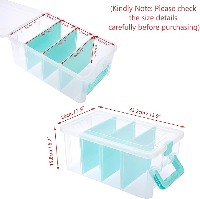 BTSKY Clear Plastic Dividing Storage Box with 4 Deep Compartments Adjustable Storage Bin with Lid Portable Craft Storage Container Multipurpose Sewing Box Art Supply Organizer, 13.9x7.9x6.2 Inches
