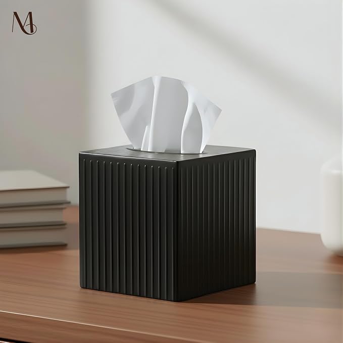 Monarch Abode Tissue Box Cover Square – Handcrafted Ridge Embossed Black Metal Tissue Holder Box for Bathroom Accessory, Aesthetic Decorative Facial Napkin Cube for Modern Home Decor