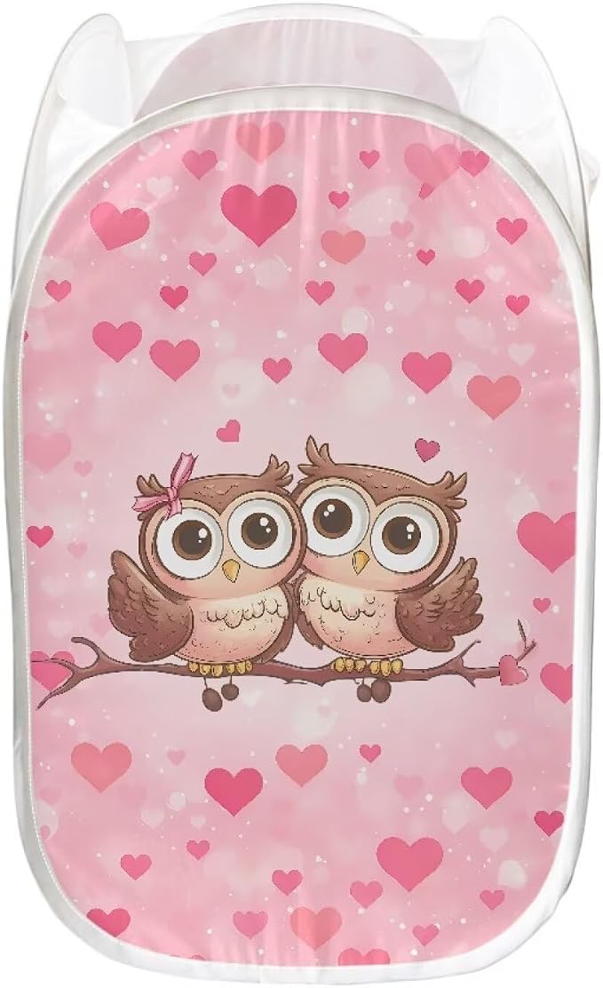 AFPANQZ Popup Laundry Hampers with Mesh Pocket Collapsible for Storage, Love Heart Owl Easy to Open Folding Pop Up Clothes Hampers 61L,13.5x13.5x21 inches