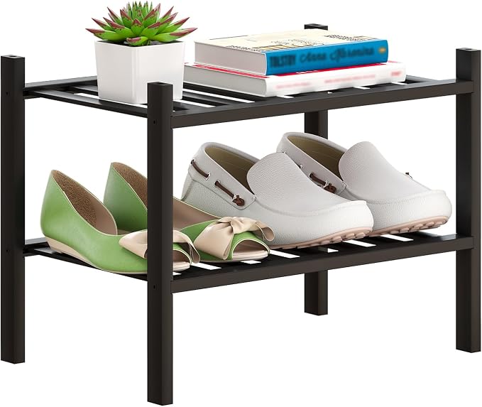 Bamboo Shoe Rack Stackable Shoe Shelf Storage Organizer for Unit Entryway Hallway and Closet Sturdy Freestanding Small Shoe Shelf(2S Tier Black)