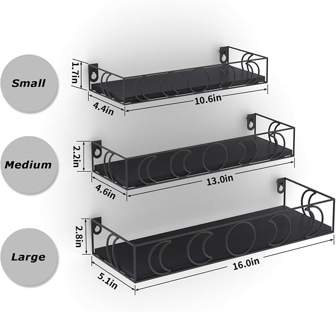 PHAREGE Moon Phase Floating Shelves Black Set of 3 | Small Decorative Wall Shelves for Book Plant Storage, Crystal Figurine Collectibles Display Shelf for Bedroom Kid Room