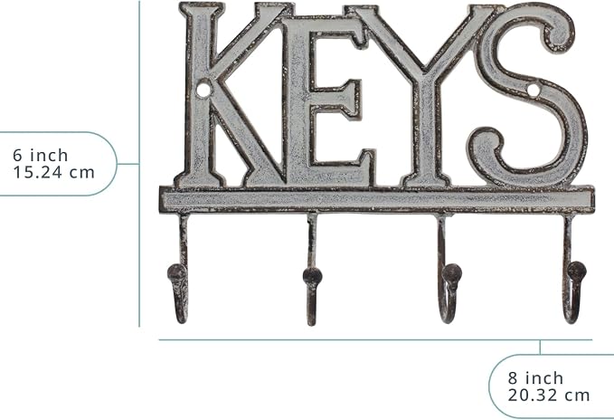 Comfify White Cast Iron Key Holder for Wall – Keys Sign with 4 Hooks | Clean white antique finish; mounting hardware included; entryway, hallway or door; 6"H x 8"L; holds 8 keychains