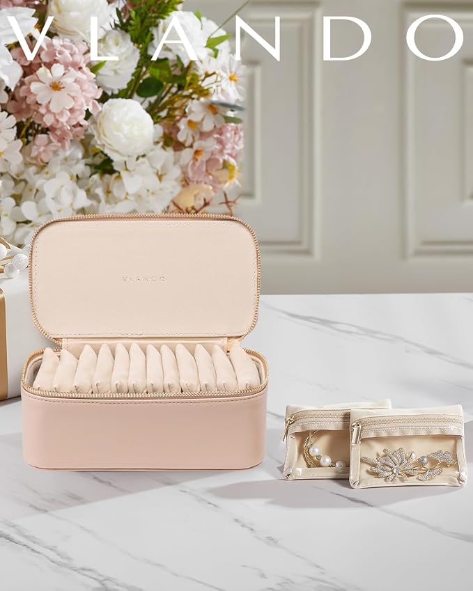 VLANDO Jewelry Box with 12 Velvet Jewelry Bags Travel Jewelry Case for Girls Jewelry Organizers Necklace Rings Earrings Storage Bags Mother Gifts Bridal Shower Gifts- Khaki
