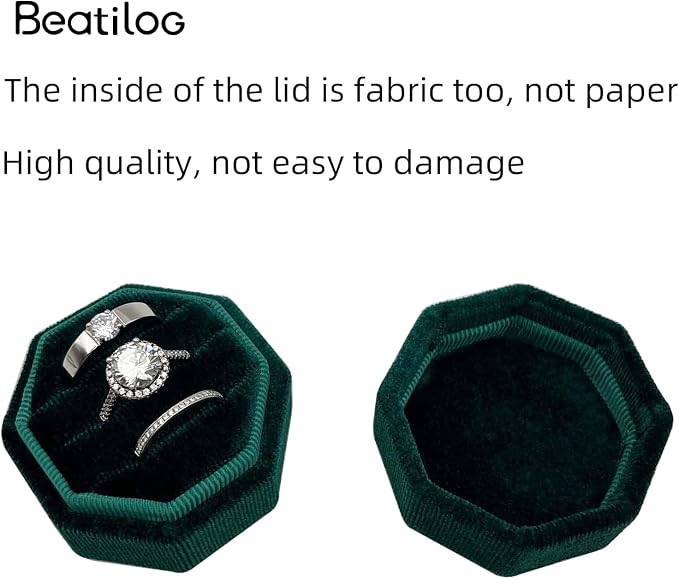 Velvet Ring Box 3 Slots Wedding Day - Octagonal Premium Rings Holder Handmade Ring Bearer Jewelry Storage Organizer for Wedding Ceremony, Christmas, Photography Prop (Emerald)