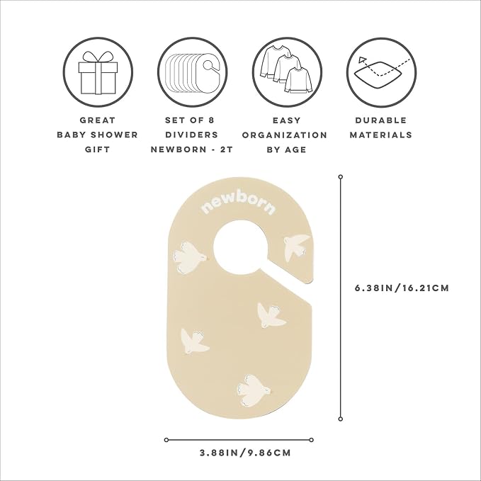 3 Sprouts Baby Closet Dividers, Newborn to 2T, Bird, 8 Piece Set | Newborn to 2T sizing, 8-piece set, Double-sided size labels, Age labels, Nursery closet storage, Baby clothes organizer