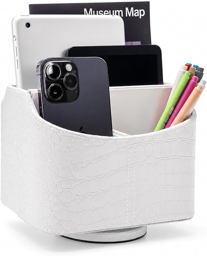 UnionBasic Rotating Desk Organizer, 360 Desk Spinning Caddy, Desktop TV Guide/Mail/Media/Remote Controller Holder Organizer, Crocodile White