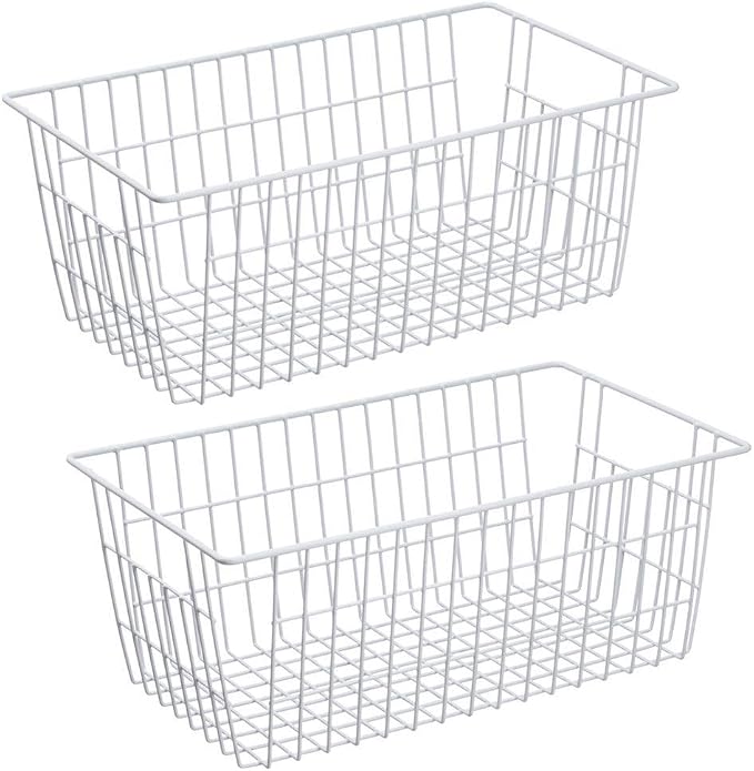 SANNO Freezer Baskets Wire Farmhouse Large Organizer Storage Bins Rack for Storage, Office, Bathroom, Pantry Organization with Handles-Set of 2, 15.7"