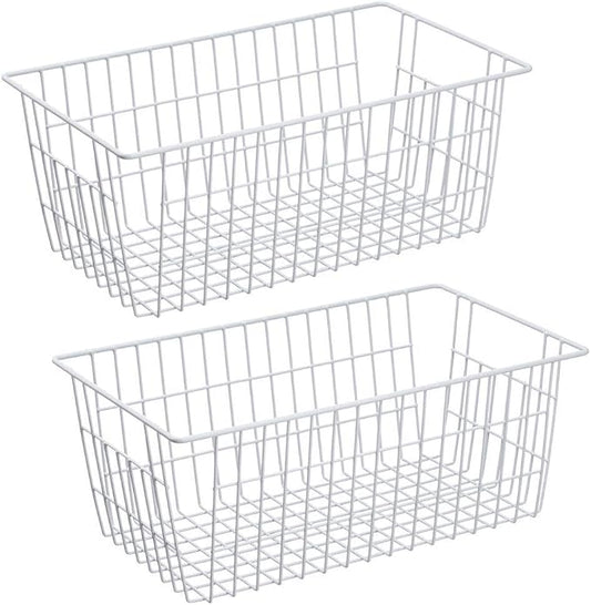 SANNO Freezer Baskets Wire Farmhouse Large Organizer Storage Bins Rack for Storage, Office, Bathroom, Pantry Organization with Handles-Set of 2, 15.7"