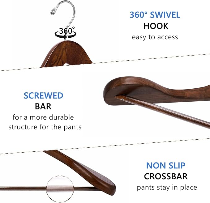 Amber Home 6 Pack Wide Shoulder Wooden Suit Hangers, Walnut | Walnut Wood Coat Hangers with Non Slip Pants Bar, Clothes Hangers for Jackets, Sweaters, Pants & Heavy Clothes