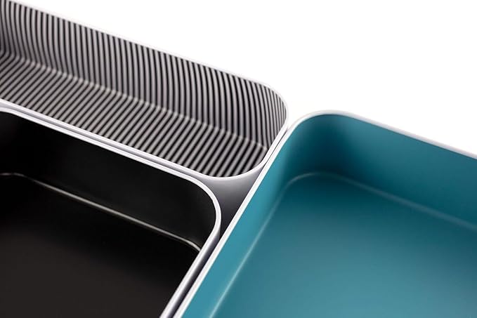 Three by Three Seattle 12 Piece Metal Organizer Tray Set for Storing Makeup, Stationery, Utensils, and More in Office Desk, Kitchen and Bathroom Drawers (2 Inch, Assorted Colors, Stripes)