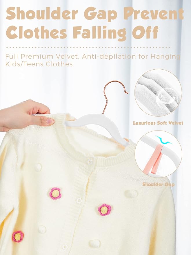 Smartor Kids Velvet Hangers 100 Pack, 14'' Inch Premium Non Slip Kids Felt Hangers for Closet, Space Saving Toddler Clothes Hanger for Youth's Childrens' Clothes (Rose Gold Hook)- White