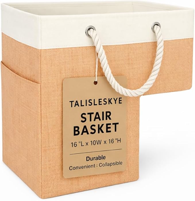 Stair basket,Foldable staircase baskets,Step stairs storage baskets with handle,1pcs apricot