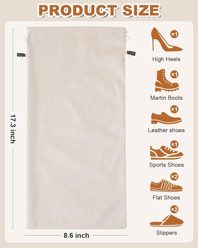 6 Pcs Single Shoe Bags for Travel, Dust Velvet Bags, Beige, 17.3x8.6 Inch | Washable & Reusable Travel Shoe Bags, Dustproof Shoe Bags with Drawstring Closure, Suitable for Travel, Home Storage