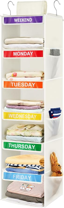 6-Shelf Weekly Clothes Organizer for Kids, Hanging Daily Closet Organization with 6 Side Pockets, Days of The Week Clothing Divider Storage for Boys and Girls (White)