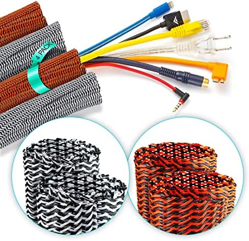 Maximm Cable Management Wire Loom 3ft 1 Inch Black/White and Black/Orange Split Cord Protector 4 Pack