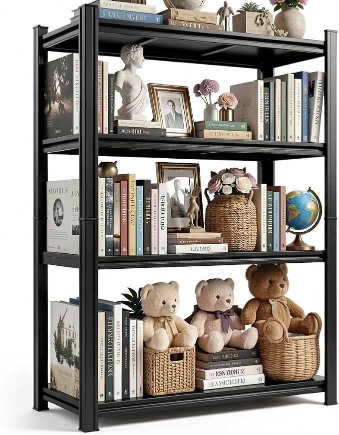 Wide & Deep Bookshelf, 4-Tier Heavy Duty Shelves for Storage, Large Industrial Metal Bookcase for Books and Collectibles, 18" Deep