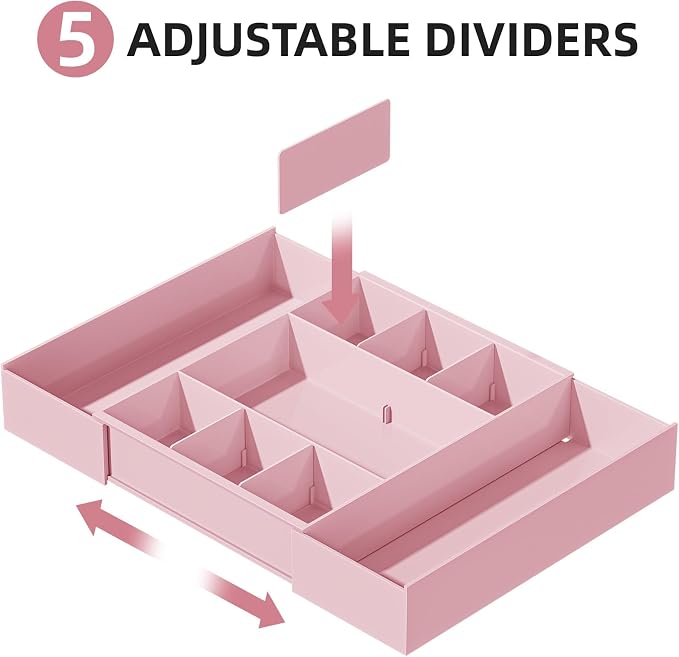 Marbrasse Expandable Desk Drawer Organizer, Clear Plastic Drawer Organizer Tray with 10 Adjustable Compartments, Desk Organizers and Accessories, 5 Drawer Dividers for Office Supplies, Makeup (Pink)