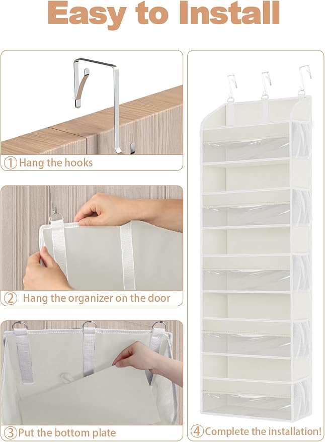 TAHAVICE 2 Pack Over the Door Storage Organizer with 5 Large Pockets | 44 lbs Weight Capacity & 10 Mesh Pockets Door Hanging Organizers and Storage for Bedroom,Bathroom,Nursery,Babyroom(Beige)