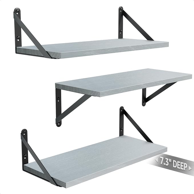 COCOYA Wall Shelves 7.3" Deep Solid Paulownia Wood (Grey, Set of 3) | 15mm Thick, Wider & Longer & Stronger, Easy to Install, Floating Shelf for Room Wall, Bedroom, Office, Decor & Storage