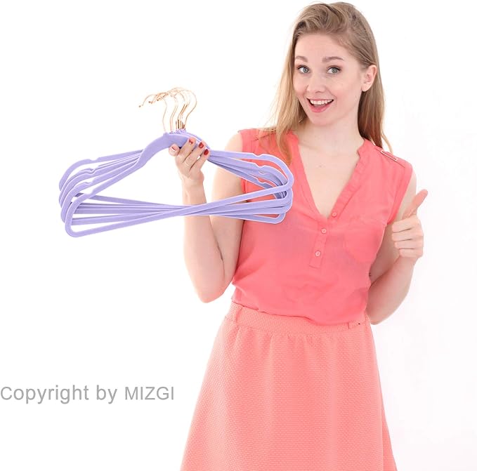 MIZGI Premium Velvet Hangers (50 Pack) - Heavy Duty Non Slip Felt Suit Hangers - Light Purple Rose Gold Hooks, Space Saving