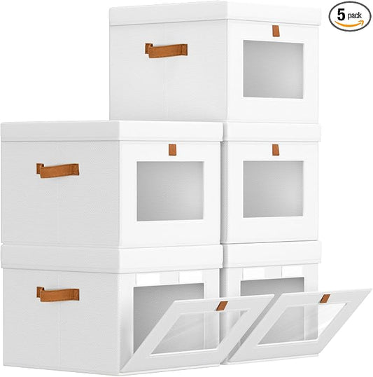 Homsorout Storage Bins with Lid – Closet Organizer with Side Opening and Clear Window, Foldable Stackable Fabric Basket for Clothes, Home, Office - 13.77" x 11.8" x 9.8", 5 Pack, White