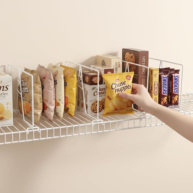 Wire Shelf Dividers - White Closet Organization & Storage Organizer - No Tool Shelf Divider for Wire Shelves - Metal Shelf Accessories – for 12“ Deep Wire Shelves – Tall 7” Height – 4 Pack