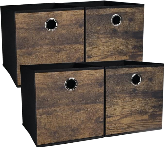 4 Pack Durable Storage Cube Bins with Decorative Wood Grain,Thickened Fabric Box,Storage Basket for Shelves,Closet,Storeroom,Bedroom,Living Room,Nursery,Office,Dorm,RV, 12x12x12in ( (Medium)