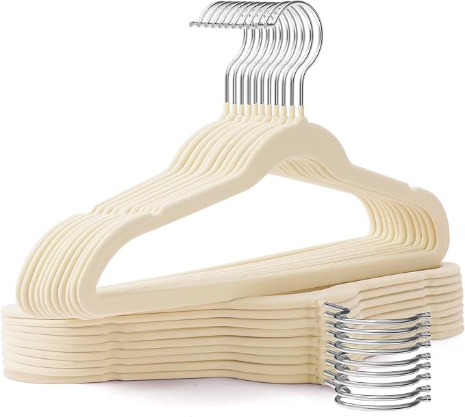 Baby Hangers 50 Pack 11 Inch,Velvet Baby Hanger Slim & Space-Saving,Kids Hangers with 360 Swivel Hook,Heavy Duty Toddler Hanger for Childrens Coats,Pants,and Dress (Beige)