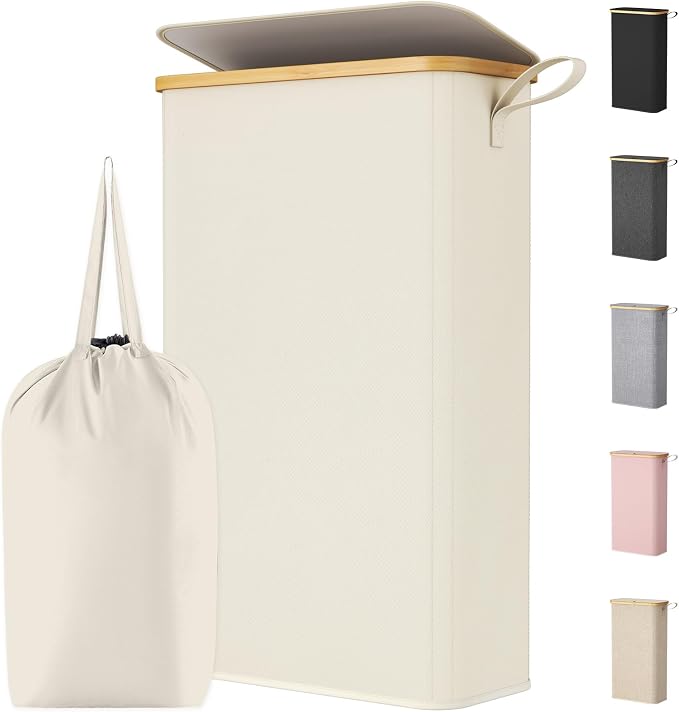 Lifewit 65L Slim Laundry Hamper with Lid, Narrow Laundry Basket with Removable Bag & Bamboo Handles, Fodable Thin Dirty Clothes Hamper for Laundry Collapsible Bin for Bathroom Bedroom Dorm, White