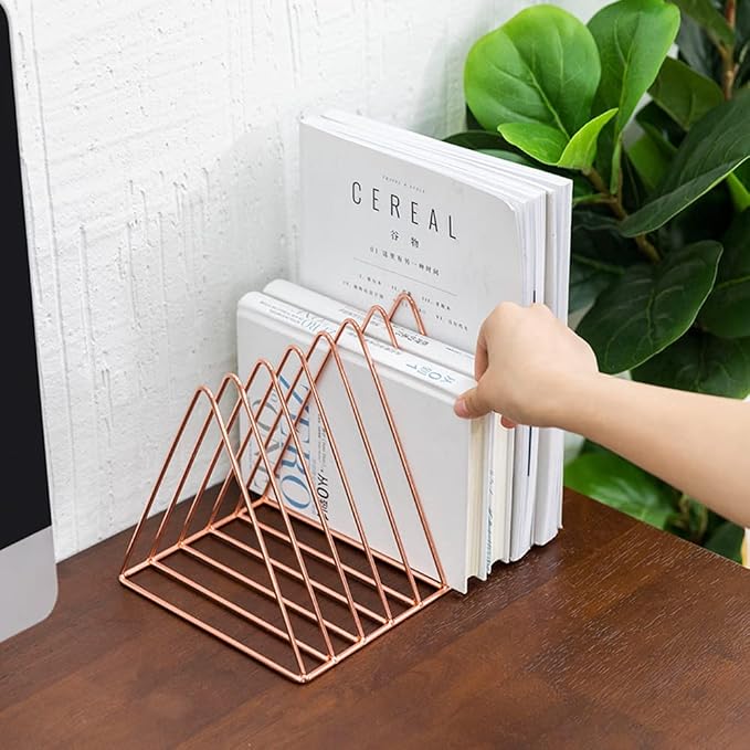 Sooyee 9 Slot Metal Record Holder Storage, Rose Gold | Magazine Holder, Book Album Display Rack, Desktop File Sorter Organizer, Triangle Bookshelf Decor for Home Office