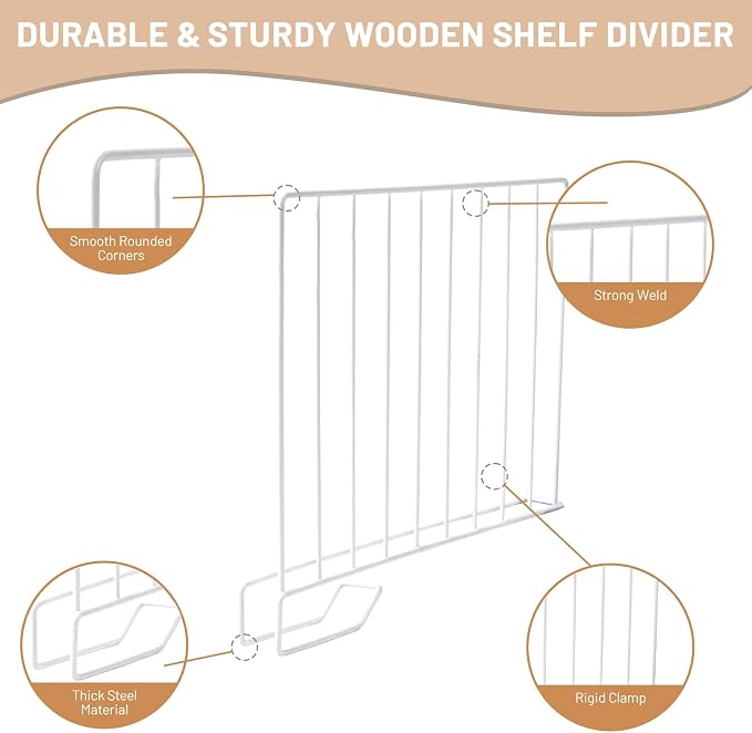 8-Pack 9“ Tall Metal Shelf Dividers for Closet Organization, Wardrobe, Bookshelf, Cabinet, Cupboard - Closet Shelf Dividers - Easy to Install - No Tool - White PE Coating Steel