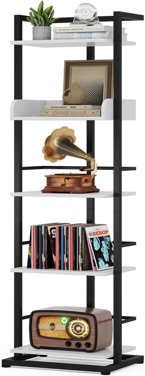 Hosfais Book Shelf Tall Bookshelf: 5 Tier Wood Bookcase with Metal Edge Protection Industrial Narrow Bookshelf Corner Storage Organizer Display Book Rack for Living Room Bedroom Office (Black White)