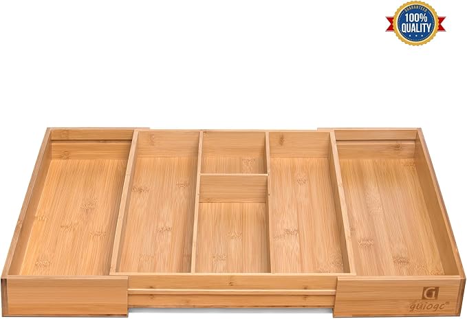 guiogc Bamboo Silverware Organizer, Expandable Kitchen Drawer Organizer and Utensil Organizer, Cutlery Tray with Drawer Dividers for Kitchen Utensils and Flatware, Bedroom, Living Room (Natural)
