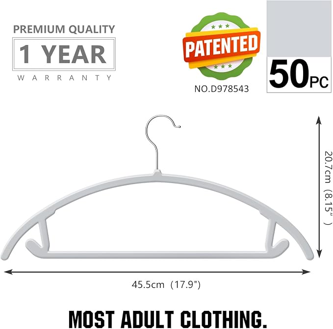MIZGI Premium Plastic Hangers (Pack of 50) Heavyduty- Gray No Shoulder Bump Suit Hangers - Space Saving Clothes Hangers,Rounded Hanger for Coat,Sweater,Jackets,Pants