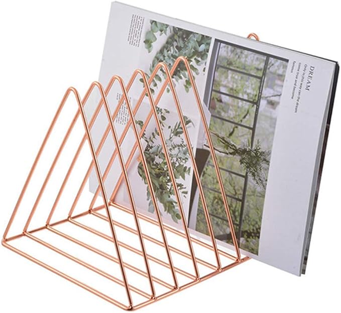 Magazine Rack Book Record Holder, Desktop Iron Storage Rack Bookshelf Multifunction Triangle File Organizer Decor Home Office (Rose gold)