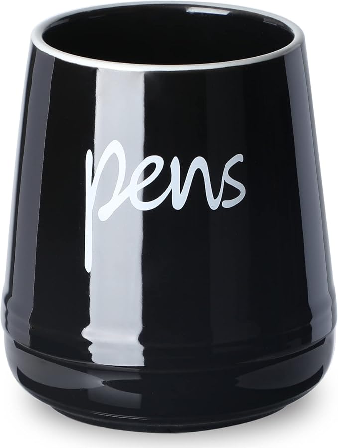 LEETOYI Ceramic Farmhouse Pen Holder for Desk, Pencil Organizer 16oz (Black)