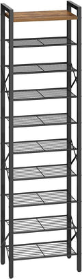 YATINEY 10-Tier Narrow Shoe Rack, Tall Shoe Rack for 10-20 Pairs, Slim Shoe Storage Organizer with Wooden Top, Space Saving, Metal Frame, for Entryway, Rustic Brown and Black SS68BR