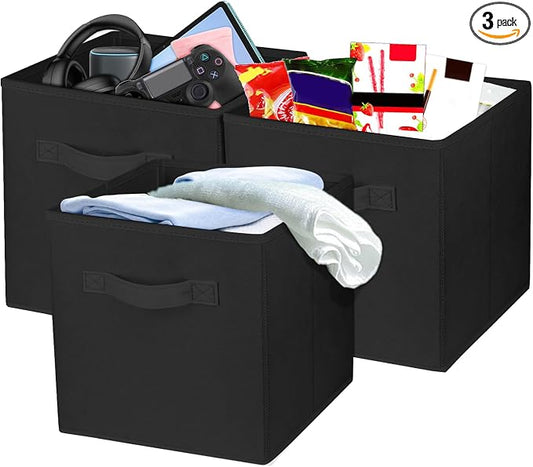 3 Pcs Storage Cubes, 10.5 Inch Collapsible Storage Bins, Fabric Foldable Bins for Organization, Durable Storage Bins for Closet, Shelves, Offices (Black)