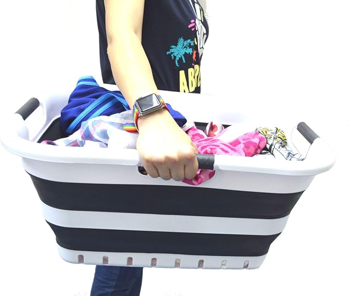 SAMMART 41L (10.8 gallon) Collapsible 3 Handled Plastic Laundry Basket - Foldable Pop Up Storage Container/Organizer - Portable Washing Tub - Space Saving Hamper/Basket (3 handled rectangular, Black)