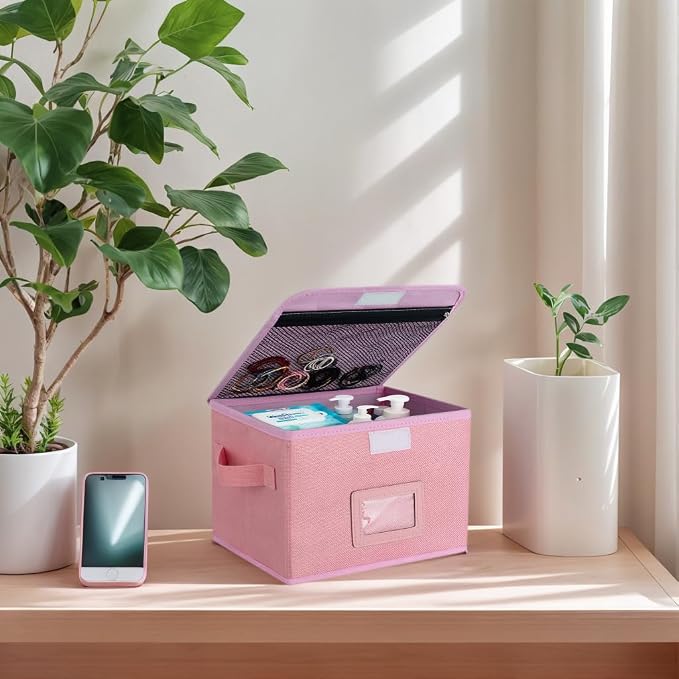 Small Storage Box, Storage Basket with Lid, Foldable Cotton Linen Fabric Keepsake Box, Organizer Container with Zipper for Decorative, Medicine, Greeting Card Organizer. (Pink, 1 Pack)