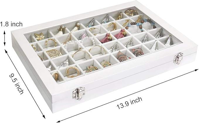 Siveit Jewelry Tray Organizer Box 48 Grid Jewelry Display Organizer Box with Transparent Lid Rings Earrings Necklaces Pendants Display Box Suitable for Women and Girls (48 Grid, White)