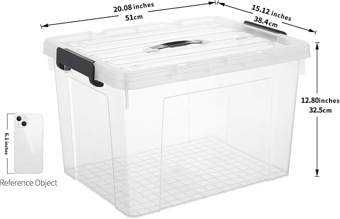 Cetomo Lidded Storage Bin with Handle, Tote Organizing Container with Durable Lid and Secure Latching Buckles, Stackable and Nestable, Plastic, 50 Quart-6 Pack, Clear