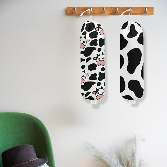 2Pcs Cow Plastic Bag Holder 22.5x9 Inch, Cute Cows Wall Mount Plastic Bag Organizer with Drawstring, Reusable Grocery Bags Storage Dispenser for Home Kitchen Pantry Decor, Cow Gifts for Women Mom