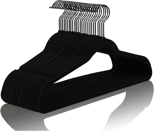 MIZGI Premium All Black Velvet Hangers with Black Hooks 100 Pack Heavy Duty - Non Slip Felt Hangers - 360 Degree Swivel,Space Saving Clothes Hangers,Durable Strong Hangers for Suits,Coat