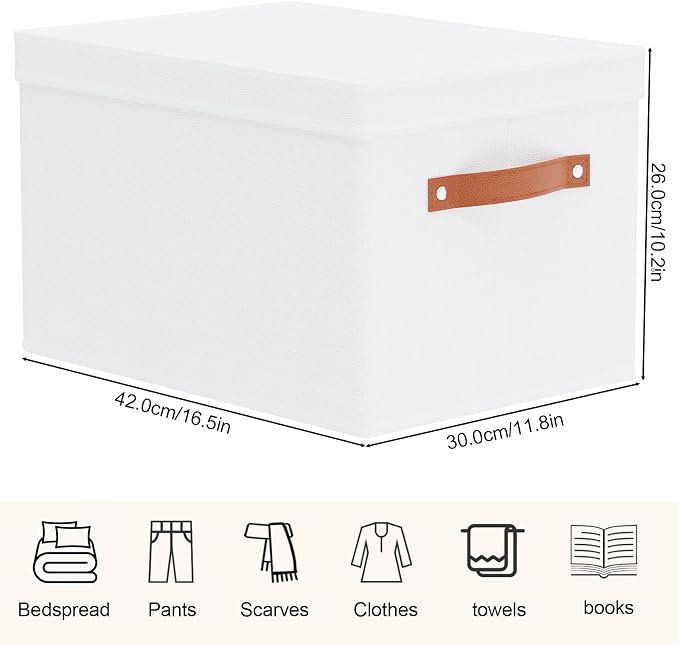 3 Pack Storage Boxes with Lids, Storage Baskets for Shelves, Decorative Linen Closet Organizers with Handles, White, 16.5 x 11.8 x 10.2 Inch
