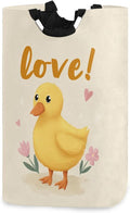 Yellow Duck with Pink Flowers Design Large Laundry Hamper Basket, Collapsible Laundry Bag Storage Bins Baskets with Handles for Laundry, Bedroom, Home Decor