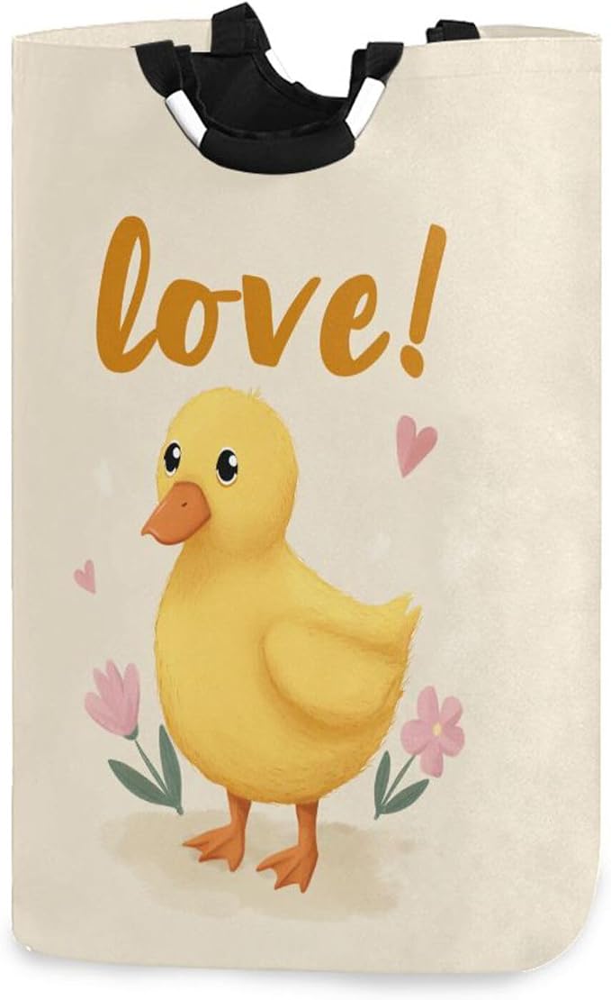 Yellow Duck with Pink Flowers Design Large Laundry Hamper Basket, Collapsible Laundry Bag Storage Bins Baskets with Handles for Laundry, Bedroom, Home Decor