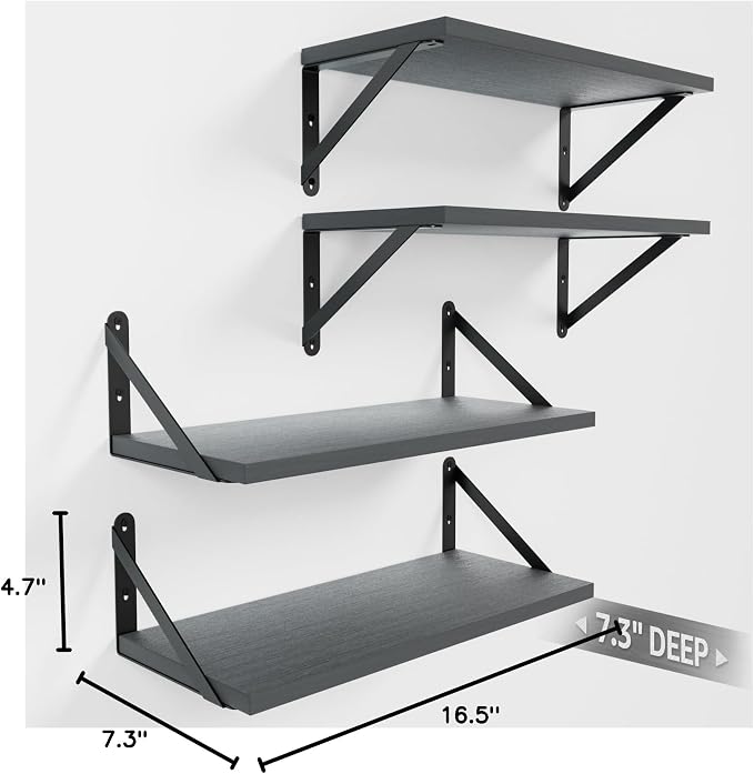 COCOYA Wall Shelves 7.3" Deep Solid Paulownia Wood (Grey, Set of 4) | 15mm Thick, Wider & Longer & Stronger, Easy to Install, Floating Shelf for Room Wall, Bedroom, Office, Decor & Storage