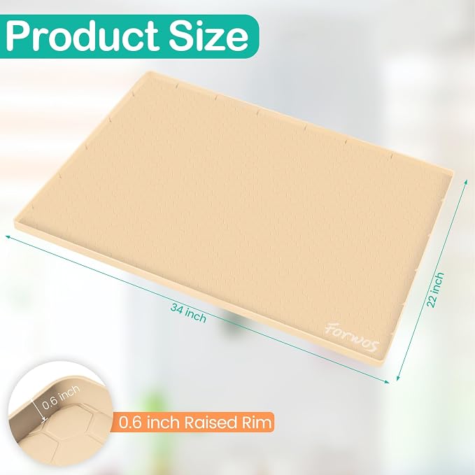 Waterproof Under Sink Mat 34" x 22", Silicone Cabinet Liner, Rubber Protector for Kitchen and Bathroom, Keeps Cabinets Clean, Dry, and Organized (Beige)