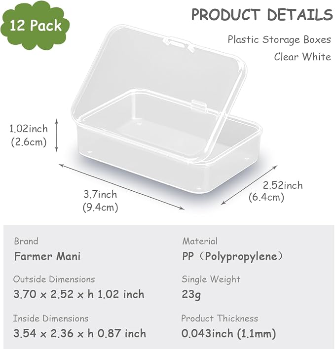 12 Pack Rectangle Plastic Clear Storage Containers Box (3.54 x 2.36 x 0.87 inch) for Beads, Coins, Safety Pins and Other Craft Jewelry Watch Findings